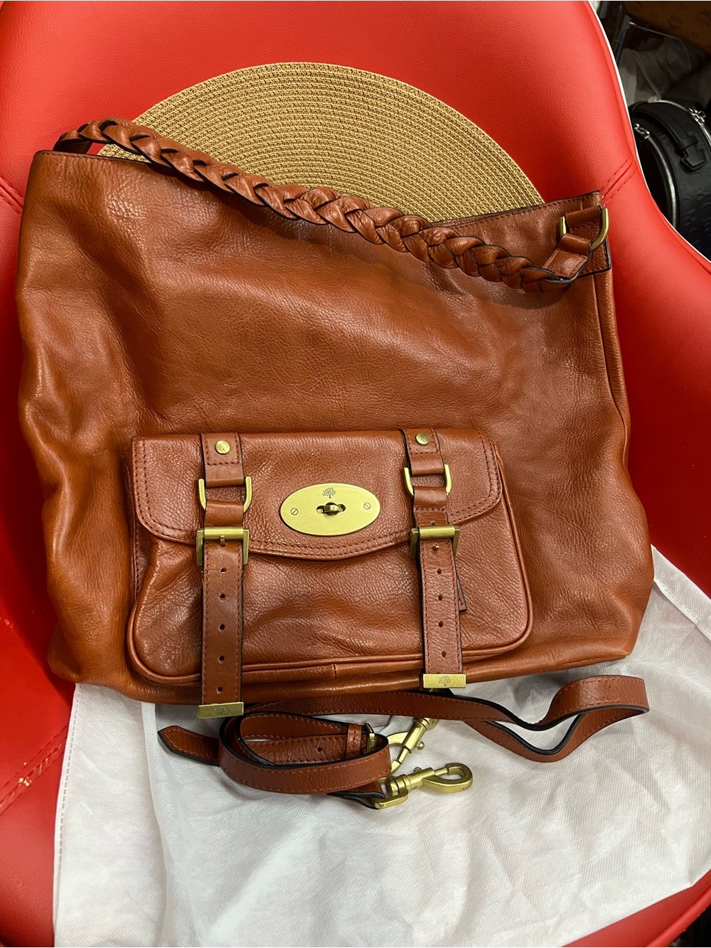 Women's Tan Leather Braided-Handle Shoulder Bag with Front Buckle Pocket